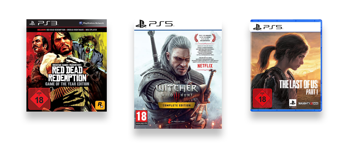 Drei Games, die tolle Spielerweiterungen zu bieten haben, vor weißem Hintergrund. Zu sehen sind The Witcher 3, Red Dead Redemption und The Last of Us Part 1.