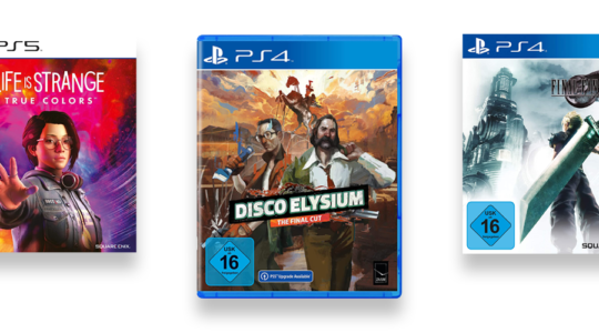 Drei Games, bei denen eine tolle Story im Vordergrund steht, vor weißem Hintergrund. Zu sehen sind Disco Elysium, Life is Strange: True Colors und Final Fantasy 7 Remake.