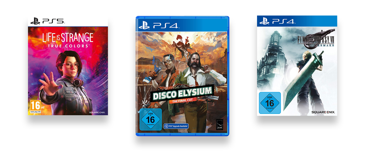 Drei Games, bei denen eine tolle Story im Vordergrund steht, vor weißem Hintergrund. Zu sehen sind Disco Elysium, Life is Strange: True Colors und Final Fantasy 7 Remake.