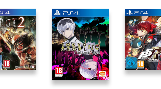 Drei Cover von Anime-Seinen-Spielen. Zu sehen sind Tokyo Ghoul, Persona 5 Royal und AoT2.