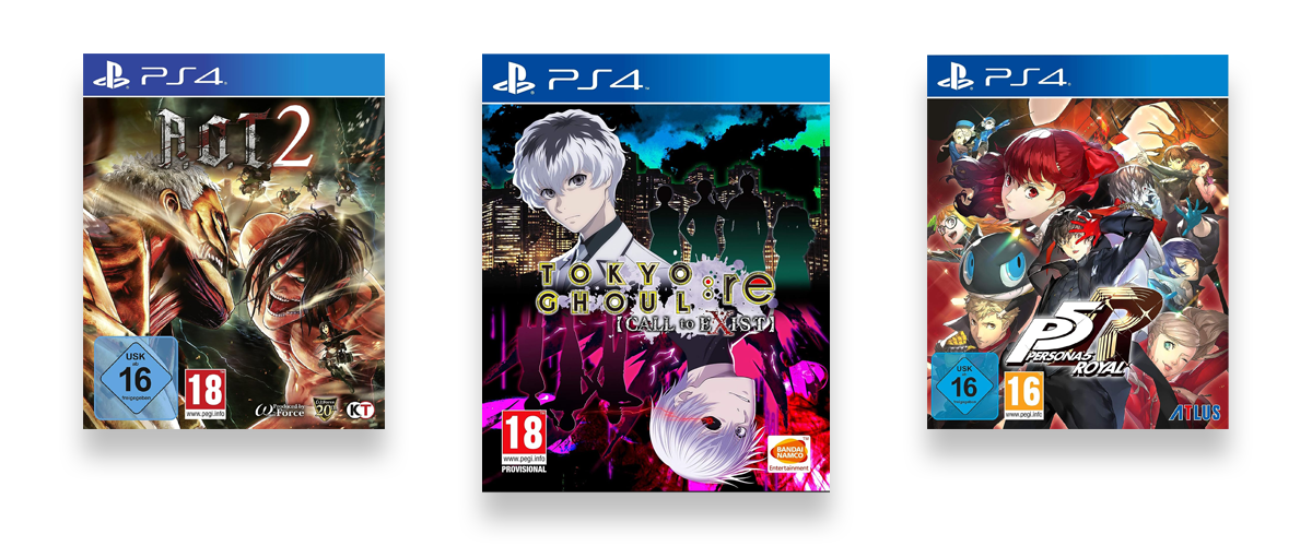Drei Cover von Anime-Seinen-Spielen. Zu sehen sind Tokyo Ghoul, Persona 5 Royal und AoT2.
