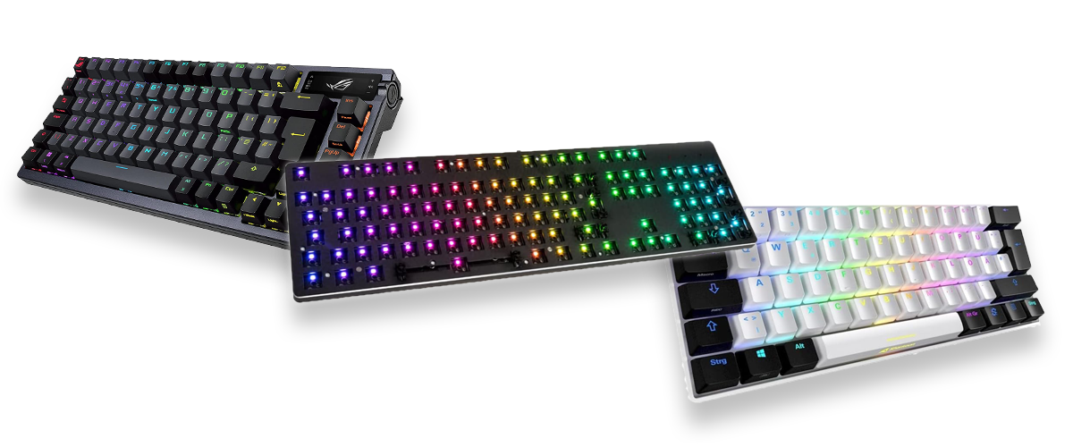 Drei Custom Gaming-Tastaturen vor weißem Hintergrund. Sie zeichnen sich durch besondere Tastenschalter in unterschiedlichen Farben oder peppiges Design aus.