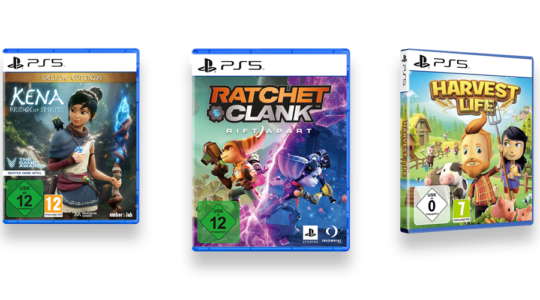 Drei tolle PS5 Spiele für Kinder vor weißem Hintergrund. Zu sehen sind Kena: Brdige of Spirits, Harvest Life und Ratchet & Clank.