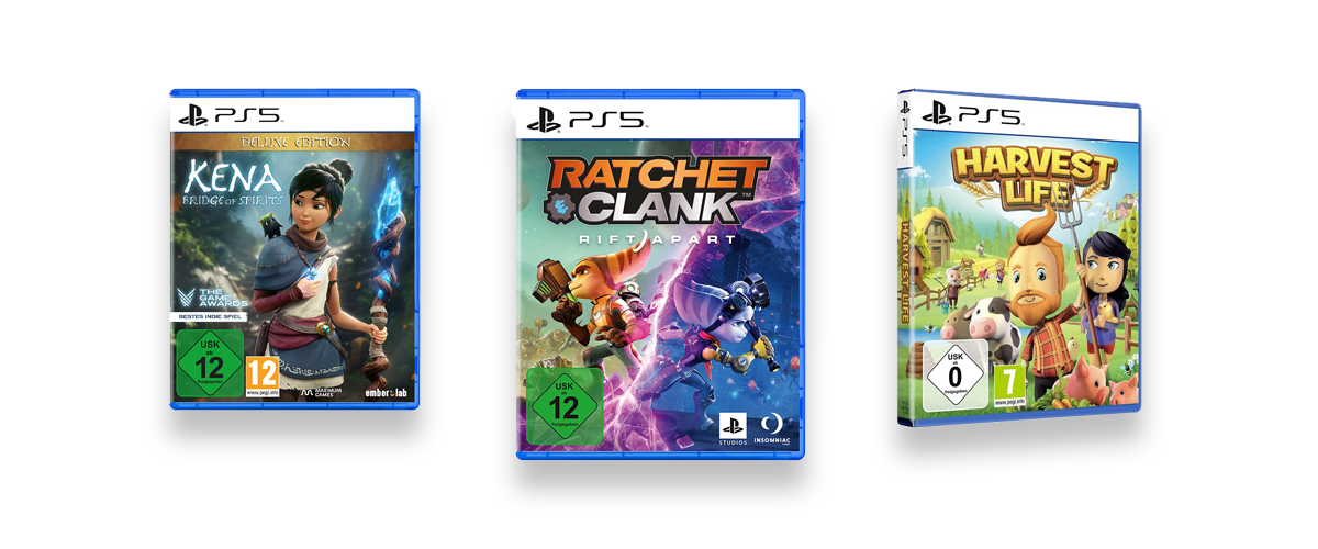 Drei tolle PS5 Spiele für Kinder vor weißem Hintergrund. Zu sehen sind Kena: Brdige of Spirits, Harvest Life und Ratchet & Clank.