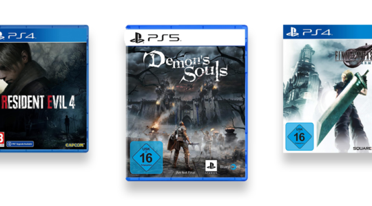Drei starke Game-Remakes vor weißem Hintergrund. zu sehen sind Demon's Souls, Resident Evil 4 Remake und Final Fantasy 7 HD Remake.