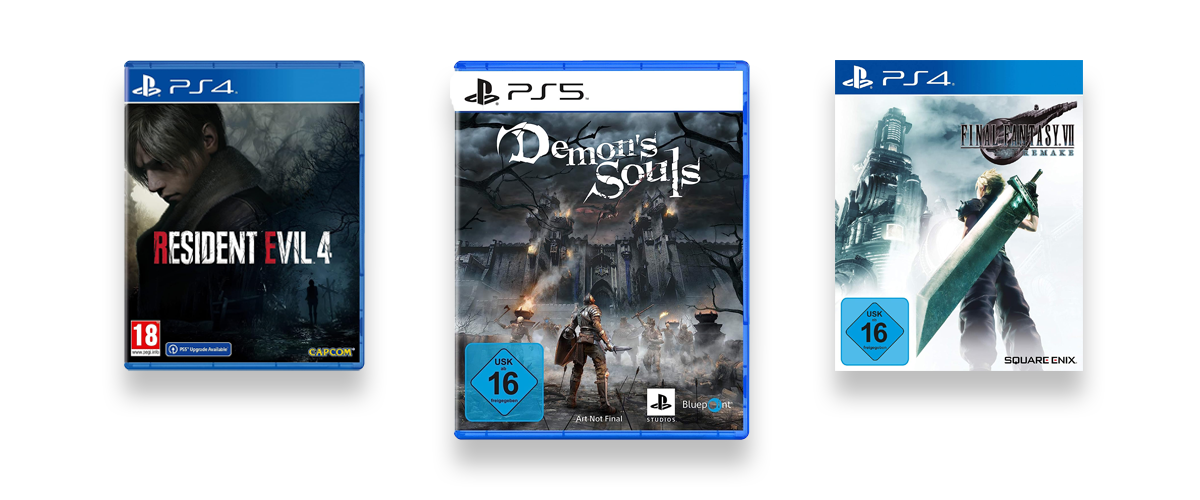 Drei starke Game-Remakes vor weißem Hintergrund. zu sehen sind Demon's Souls, Resident Evil 4 Remake und Final Fantasy 7 HD Remake.