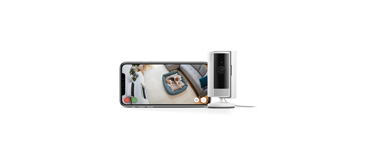 Die neue Ring Indoor Cam der 2. Generation sowie ein Smartphone, welches einen Hund im Überwachungsvideo zeigt, vor weißem Hintergrund.