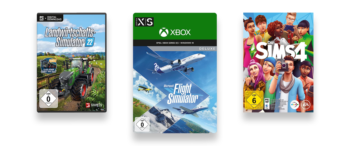 Drei Packungen von Simulationsspielen vor weißem Hintergrund. Zu sehen sind Microsoft Flight Simulator, Die Sims4 und der Landwirtschftssimulator 22.