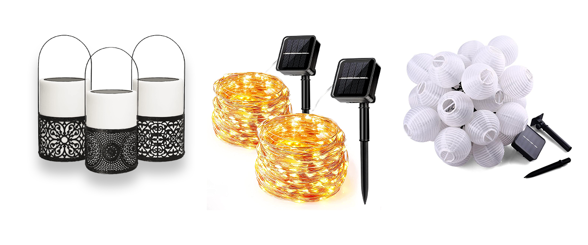Drei verschiedene Arten von Solarleuchten vor weißem Hintergrund. Zu sehen sind Tischlampen, Solar-Led-Streifen und Lampions.