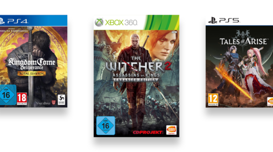 Drei Videospiele mit starken Antagonisten vor weißem Hintergrund. Zu sehen sind The Witcher 2, Kingdom Come und Tales of Arise.