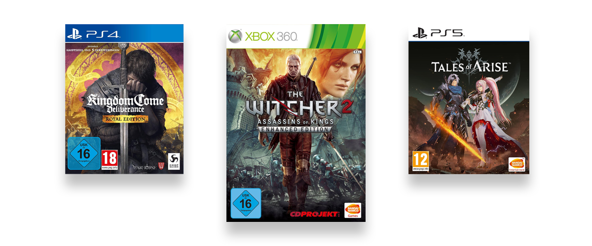 Drei Videospiele mit starken Antagonisten vor weißem Hintergrund. Zu sehen sind The Witcher 2, Kingdom Come und Tales of Arise.
