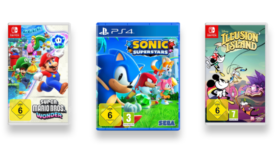 Drei tolle Computerspiele für Kinder vor weißem Hintergrund. Zu sehen sind Super Mario Bros. Wonder, Sonic Superstars und Disney Illusion Island.