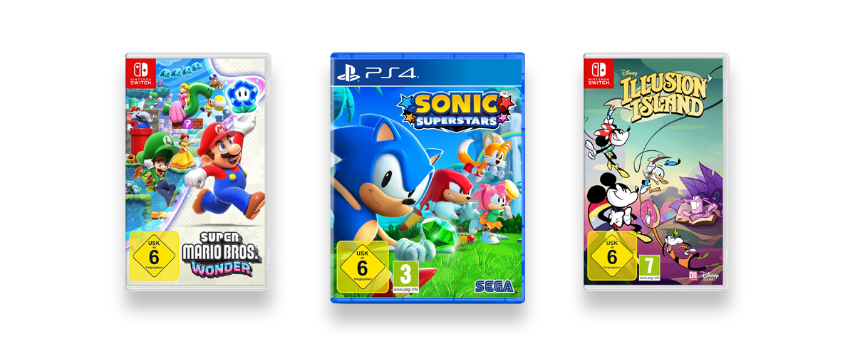 Drei tolle Computerspiele für Kinder vor weißem Hintergrund. Zu sehen sind Super Mario Bros. Wonder, Sonic Superstars und Disney Illusion Island.