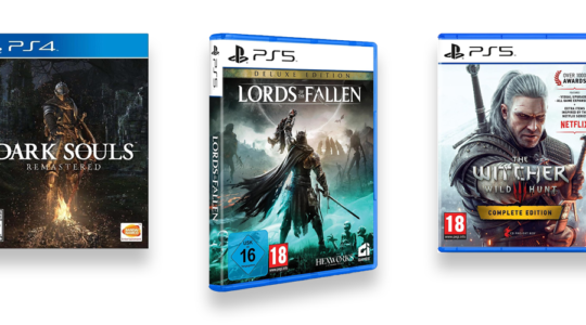 Die Packungen der Spiele Lords of Fallen, The Witcher 3 und Dark Souls vor weißem Hintergrund.