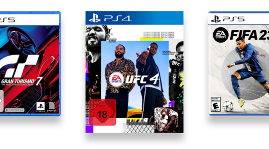 Drei coole Sportspiele vor weißem Hintergrund. Zu sehen sind UFC 4, FIFA 23 und Gran Tourismo 7.