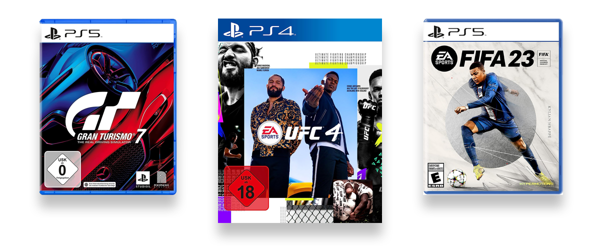 Drei coole Sportspiele vor weißem Hintergrund. Zu sehen sind UFC 4, FIFA 23 und Gran Tourismo 7.