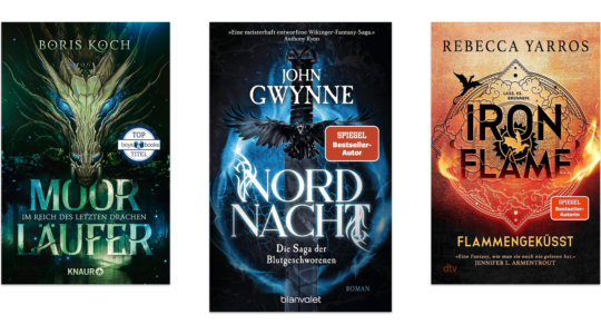 Drei Fantasy-Romane vor weißem Hintergrund. Zu sehen sind Nordnacht, Iron Flame und Moorläufer.