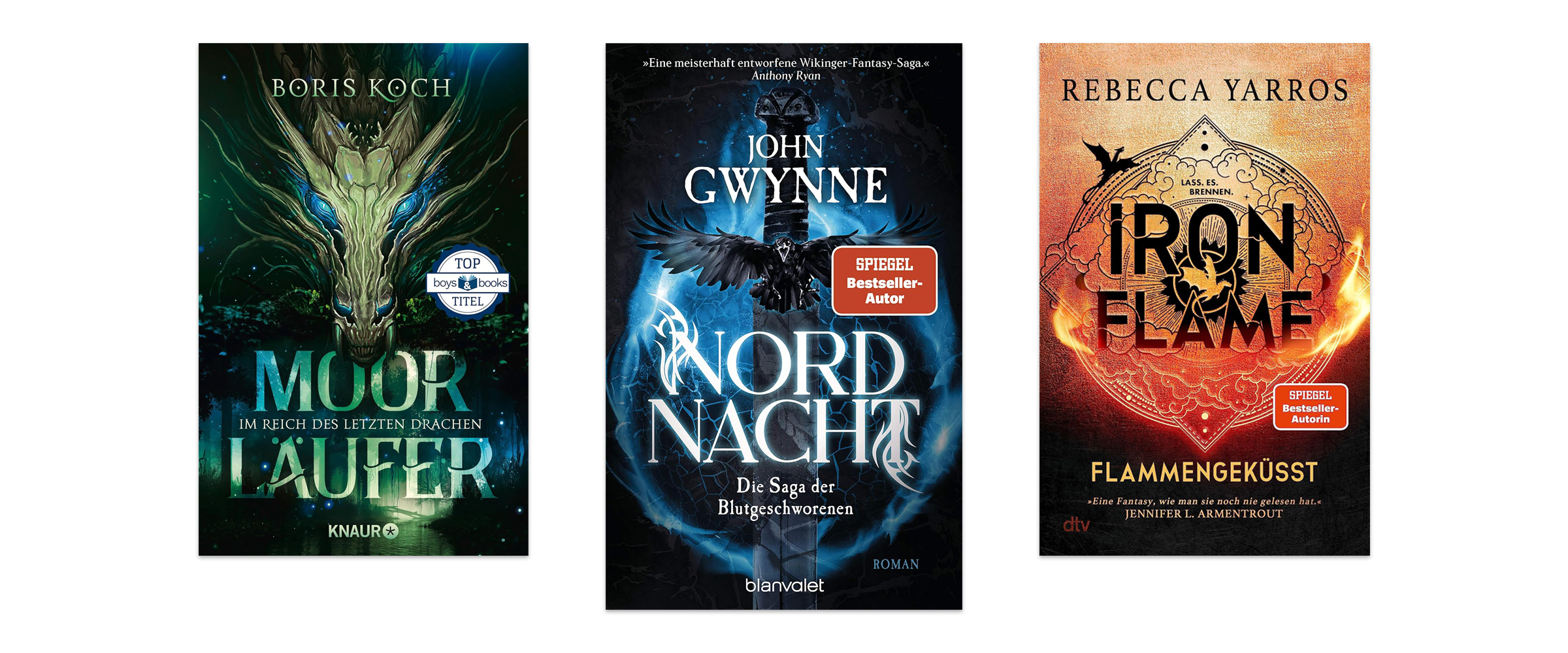 Drei Fantasy-Romane vor weißem Hintergrund. Zu sehen sind Nordnacht, Iron Flame und Moorläufer.