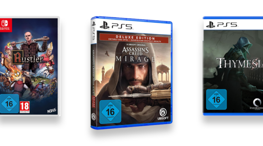 Drei Mittelalterspiele vor weißem Hintergrund. Zu sehen sind Assassin's Creed Mirage, Rustler und Thymesia.