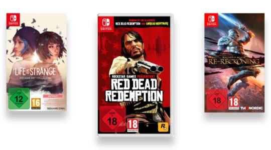 Drei coole Port-Games für Nintendo Switch vor weißem Hintergrund. Zu sehen sind Red Dead Redemption, Life is Strange und Kingdoms of Amalur.