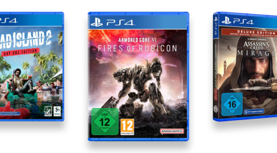 Drei Spiele für die Playstation 4 vor weißem Hintergrund. zu sehen sind Assassin's Creed Mirage, Armored Core 6 Fires of Rubicon und Dead Island 2.