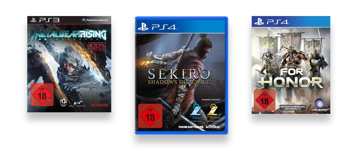 Drei coole Schwertkampfspiele vor weißem Hintergrund. Zu sehen sind Sekiro: Shadows die twice, Metal Gear Rising: Revengeance und For Honor