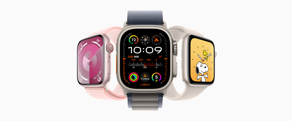 Drei Versionen der Apple Watch 9 vor weißem Hintergrund.