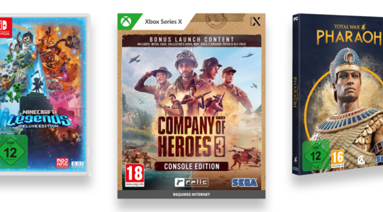 Drei coole Echtzeitstrategiespiele vor weißem Hintergrund. zu sehen sind Company of Heroes, Total War: Pharaoh und Minecraft Legends.