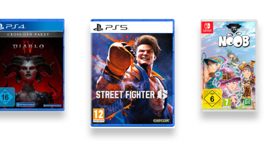 Drei starke Multiplayer Spiele vor weißem Hintergrund. Zu sehen sind Street Fighter 6, Diablo 4 und Noob - the Factionless.