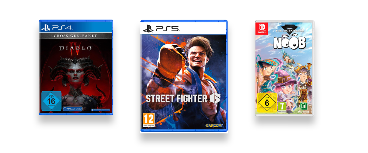 Drei starke Multiplayer Spiele vor weißem Hintergrund. Zu sehen sind Street Fighter 6, Diablo 4 und Noob - the Factionless.