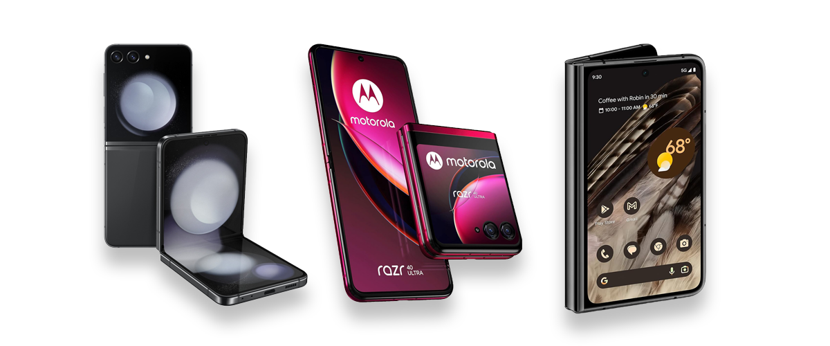 Drei Klapphandys vor weißem Hintergrund. Zu sehen sind das Motorola Razr, das Google Pixel Fold und das Samsung Galaxy Flip 5.