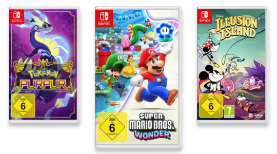 Drei tolle Spiele für die Nintendo Switch für Kinder und Familien. Zu sehen sind Super Mario Bros: Wonder, Pokémon Purpur und Disney Illusion Island.