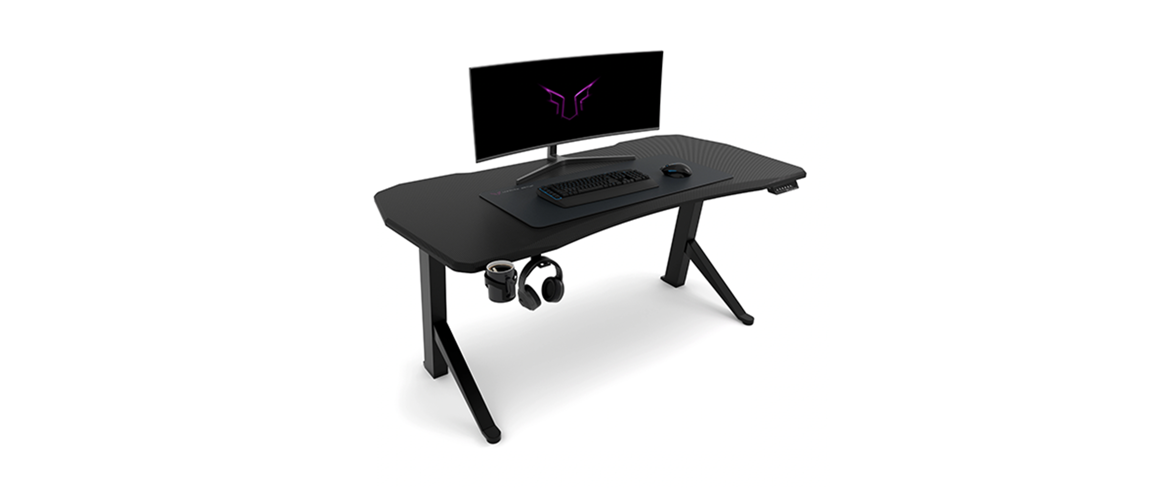 Ein schwarzer Gaming-Tisch von Ultimate Setup vor weißem Hintergrund. Auf dem Tisch ist ein Curved-Monitor zu sehen sowie Mauspad, Tastatur und Maus.