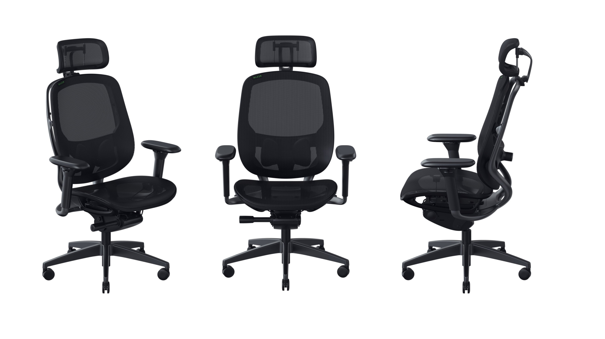 Der neue Gaming-Stuhl Razer Fujin aus verschiedenen Perspektiven vor weißem Hintergrund.