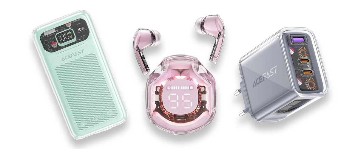 Drei Produkte von Acefast vor weißem Hintergrund. Zu sehen sind rosa In-Ear-Kopfhörer, eine mintgrüne Powerbank sowie ein graues Ladegerät.