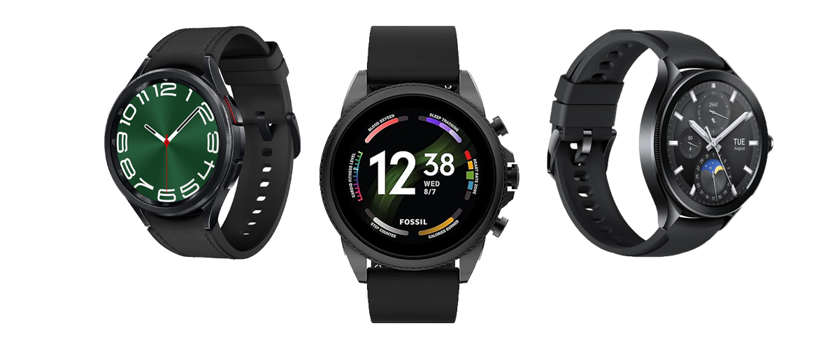 Drei Smartwatches vor weißem Hintergrund. Zu sehen sind die Samsung Galaxy Watch 6, die Fossil Gen6 und die Xiaomi Watch 2 Pro, alle in Schwarz.