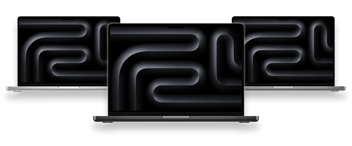 Das neue Apple MacBook Pro (M3) in den drei verschiedenen Farbvariationen Silber, Grau und Anthrazit.
