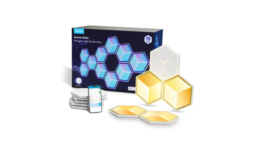 Die Govee Glide Hexagon Light Panles Ultra inklusive Box und App vor weißem Hintergrund.