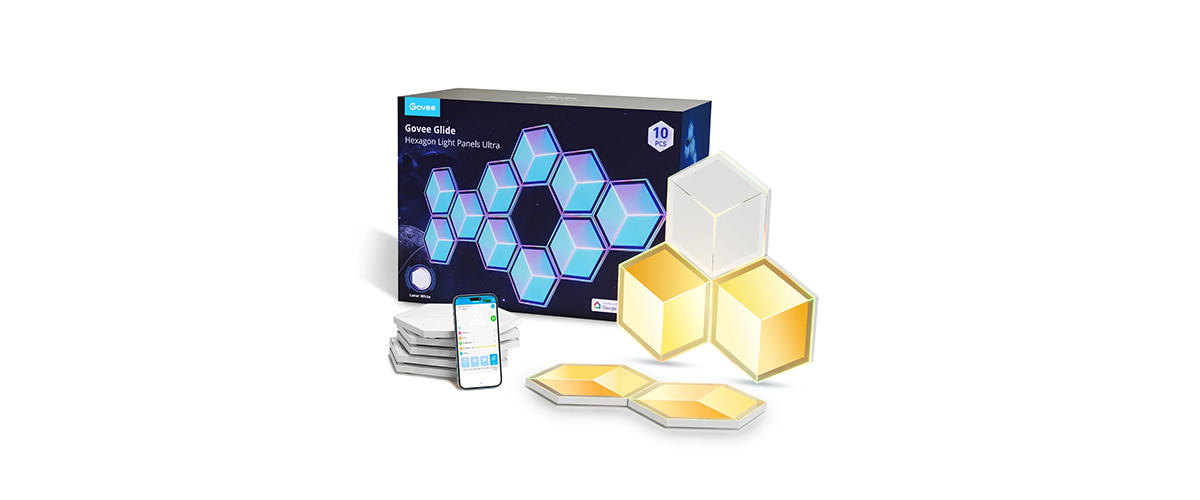 Die Govee Glide Hexagon Light Panles Ultra inklusive Box und App vor weißem Hintergrund.