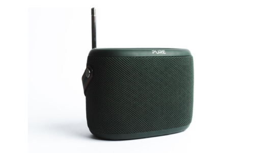 Der tragbare Radio und Bluetooth-Lautsprecher Pure Woodland vor weißem Hintergrund. Das Gerät selbst ist in einem dunklen Grünton gehalten.