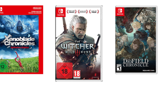 Drei Rollenspiele für Nintendo Switch vor weißem Hintergrund. Zu sehen sind The Witcher, The Diofield Chronicle und Xenoblade Chronicles.