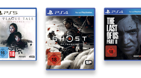 Drei Stealth-Spiele vor weißem Hintergrund. zu sehen sind The Last of Us Part 2, Ghost of Tshushima und A Plague Tale Innocence.