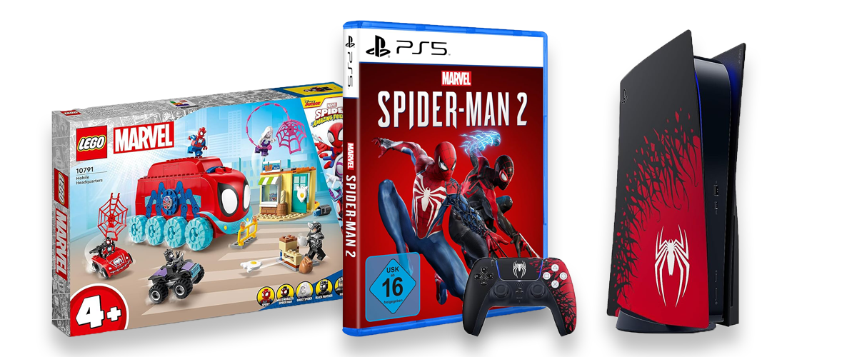 Drei Produkte rund um den Superhelden Spider-Man vor weißem Hintergrund. Zu sehen sind das Spiel Spider-Man 2, ein Lego Set und die Playstation 5 im Spider-Man-Design.