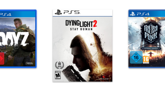 Drei Survuval-Games vor weißem Hintergrund. Zu sehen sind DayZ, Frostpunk und Dying Light 2.