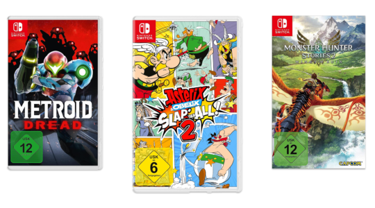 Drei Action-Adventure-Games für Nintendo Switch vor weißem Hintergrund. Zu sehen sind Asterix Slap them All 2, Metroid Dread und Monster Hunter Stories 2.
