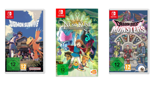Drei schöne Anime-Spiele für Kinder vor weißem Hintergrund. Zu sehen sind Dragon Quast Monsters, Digimon Survive und Ni No Kuni.