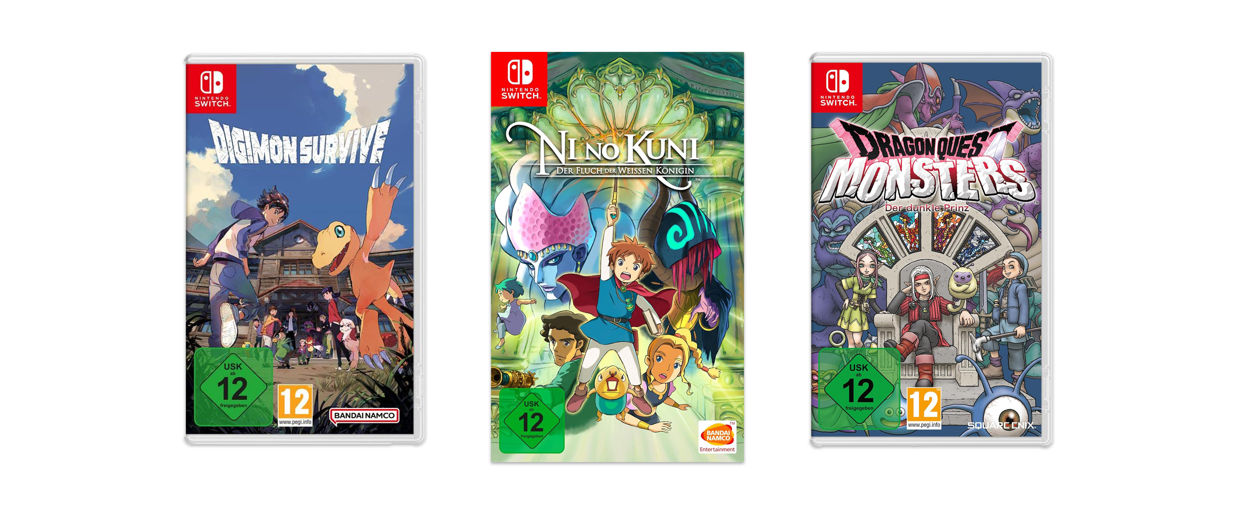 Drei schöne Anime-Spiele für Kinder vor weißem Hintergrund. Zu sehen sind Dragon Quast Monsters, Digimon Survive und Ni No Kuni.