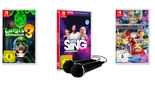 Drei tolle Partyspiele für Nintendo Switch vor weißem Hintergrund. Zu sehen sind Let's Sing, Super Mario Kart 8 und Luigi's Mansion.