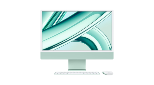 Ein mintgrüner iMac vor weißem Hintergrund.