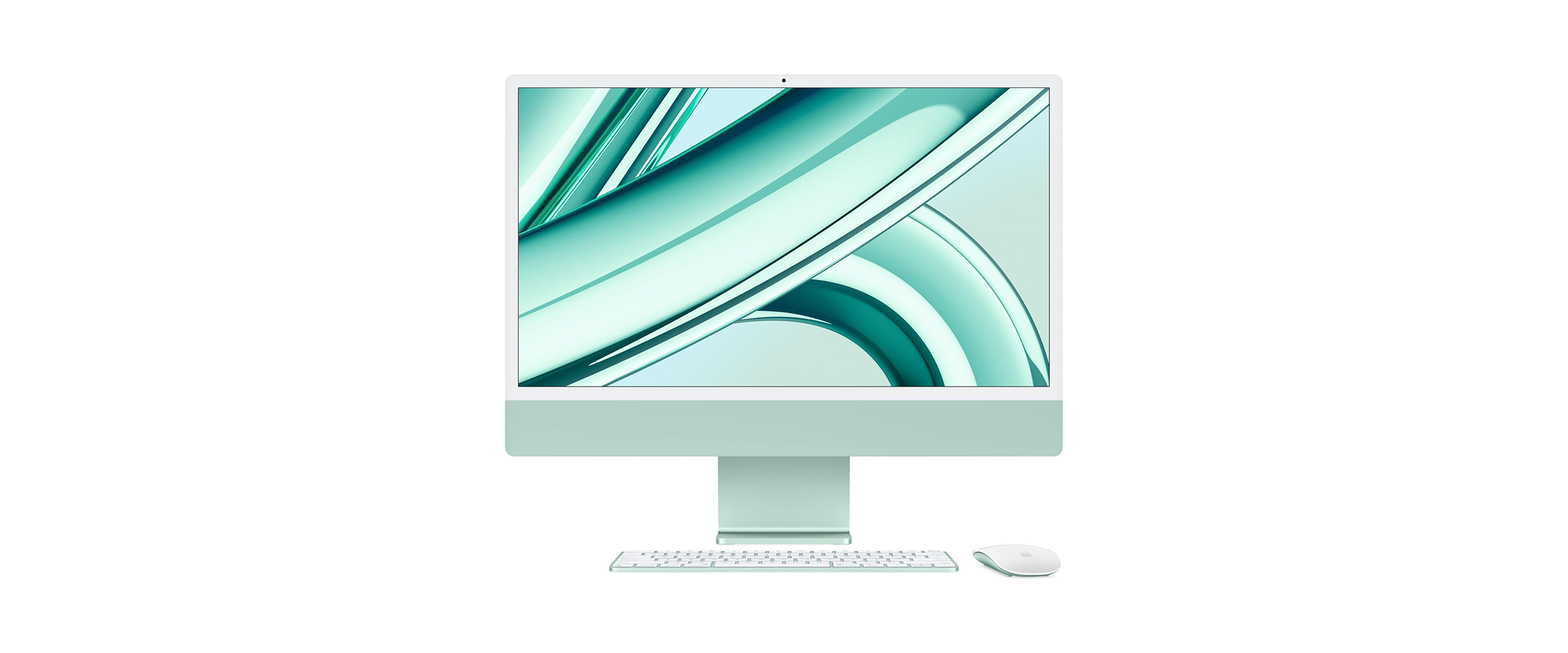 Ein mintgrüner iMac vor weißem Hintergrund.